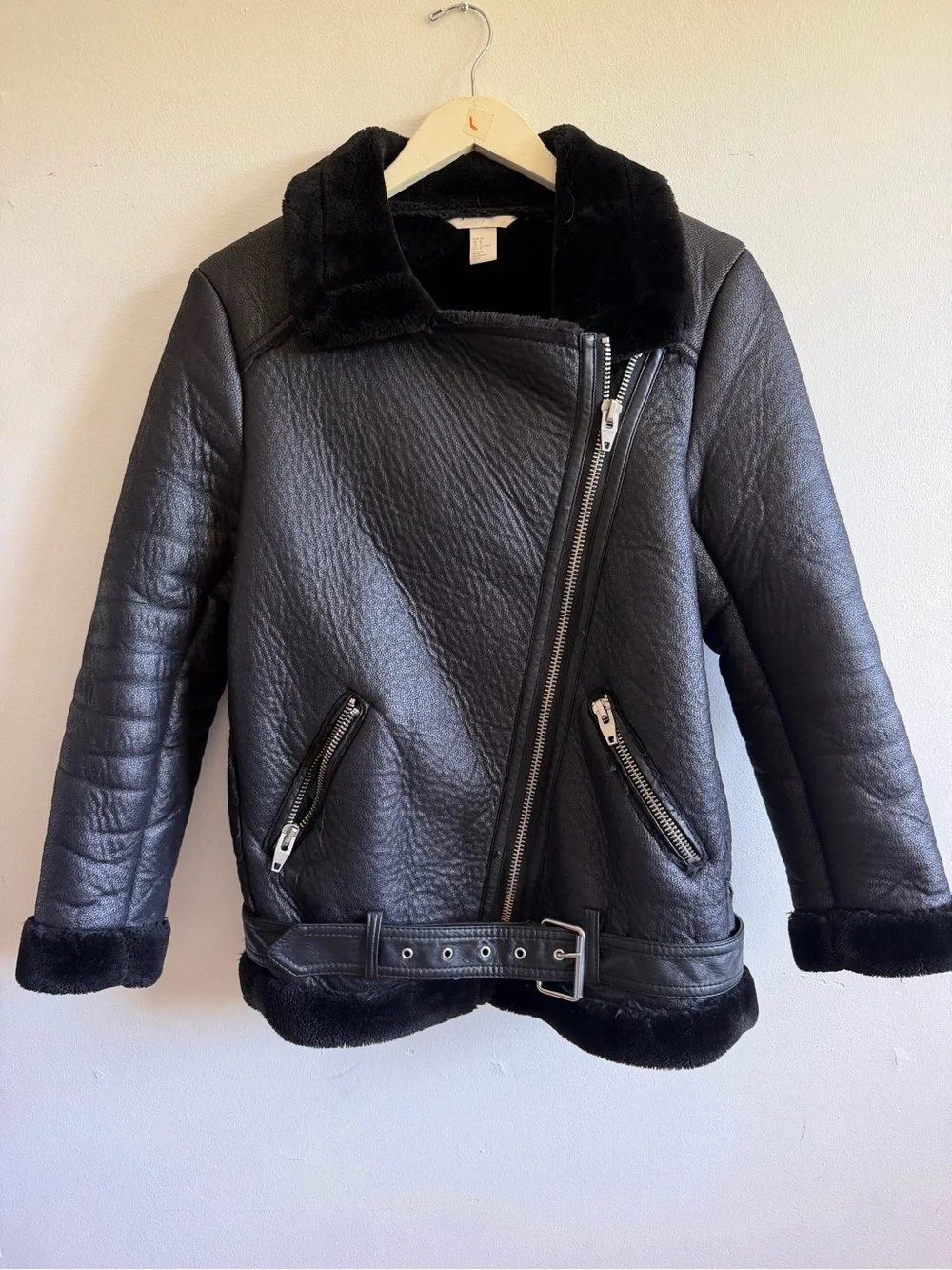 Womens Black Faux-Shearling Biker Jacket size 8